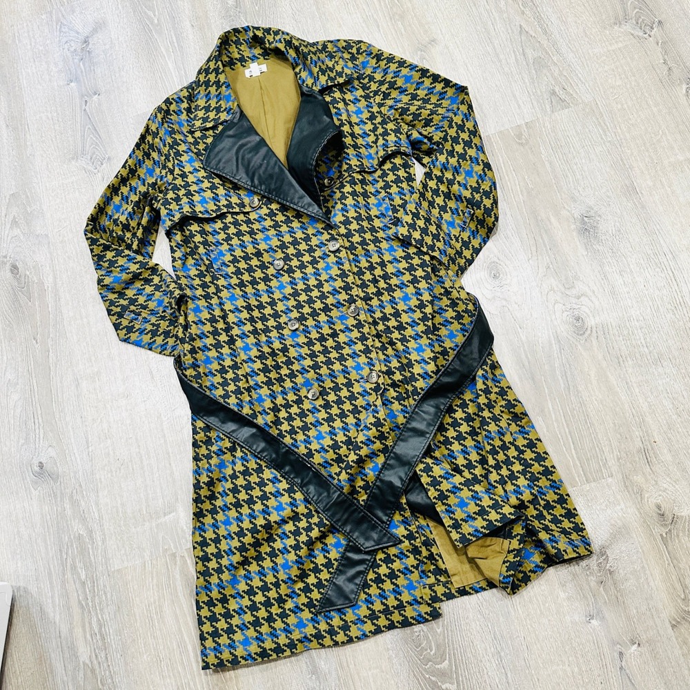 The Drop signedblake Houndstooth Trench Coat Olive Blue Faux Leather Trim M - Picture 3 of 16